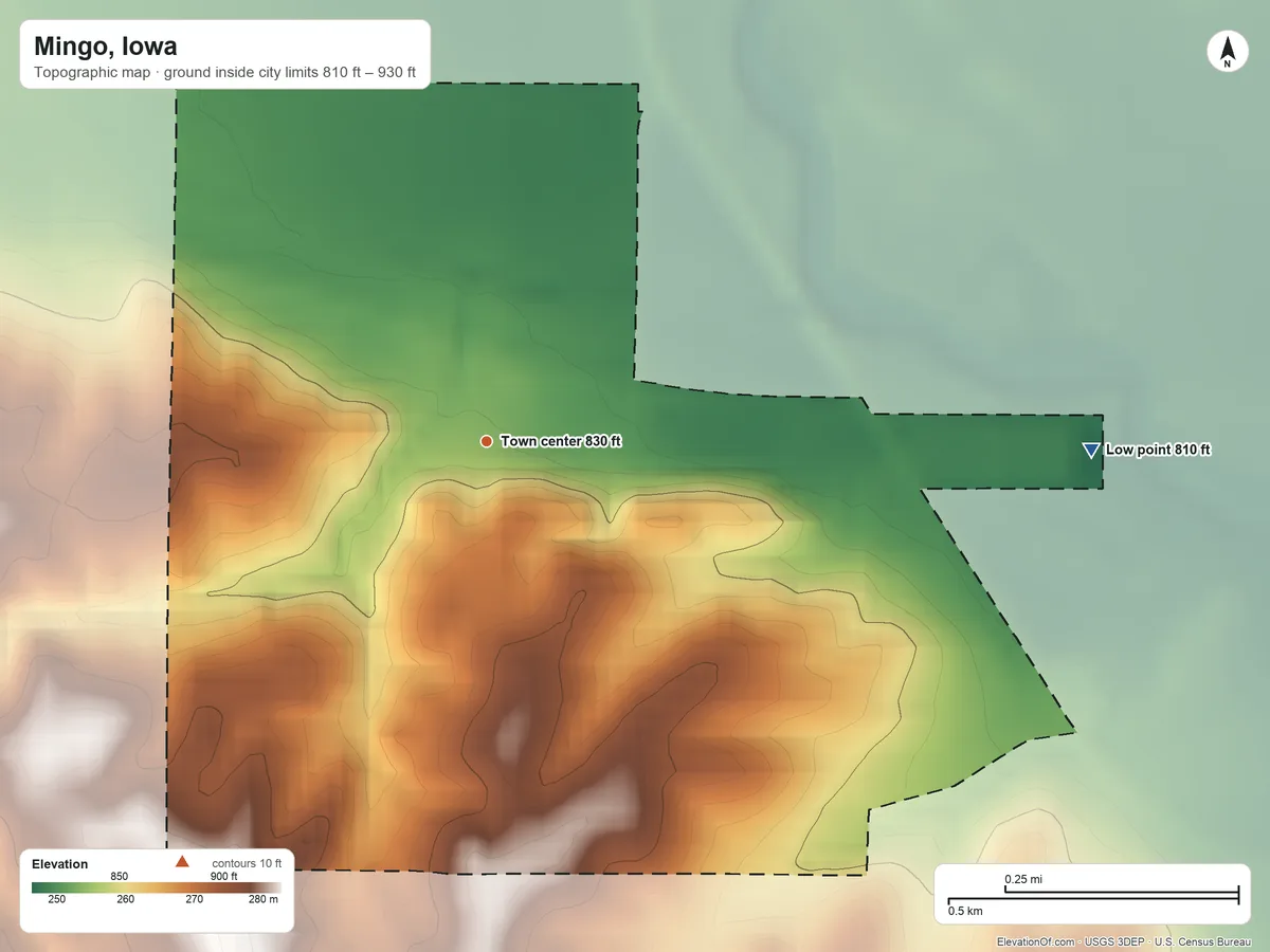 Topographic elevation map of Mingo, Iowa, shaded from 810 ft on the east side to 930 ft on the southwest side