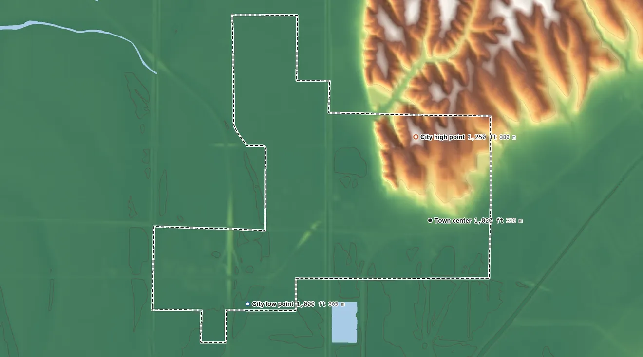 Topographic elevation map of Missouri Valley, Iowa, shaded from 1,000 ft on the southwest side to 1,250 ft on the north side