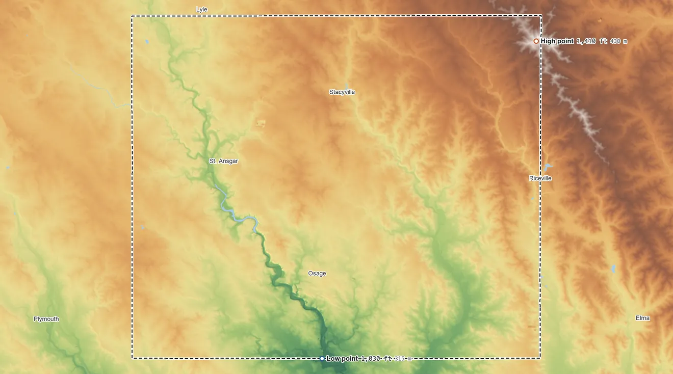 Topographic elevation map of Mitchell County, Iowa, shaded from 1,030 ft on the south side to 1,410 ft on the northeast side