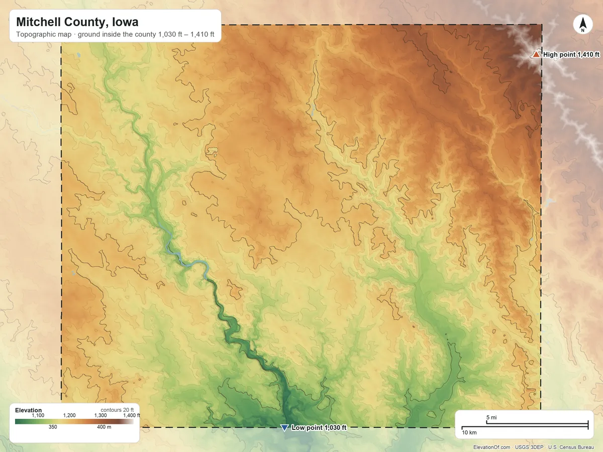 Topographic elevation map of Mitchell County, Iowa, shaded from 1,030 ft on the south side to 1,410 ft on the northeast side