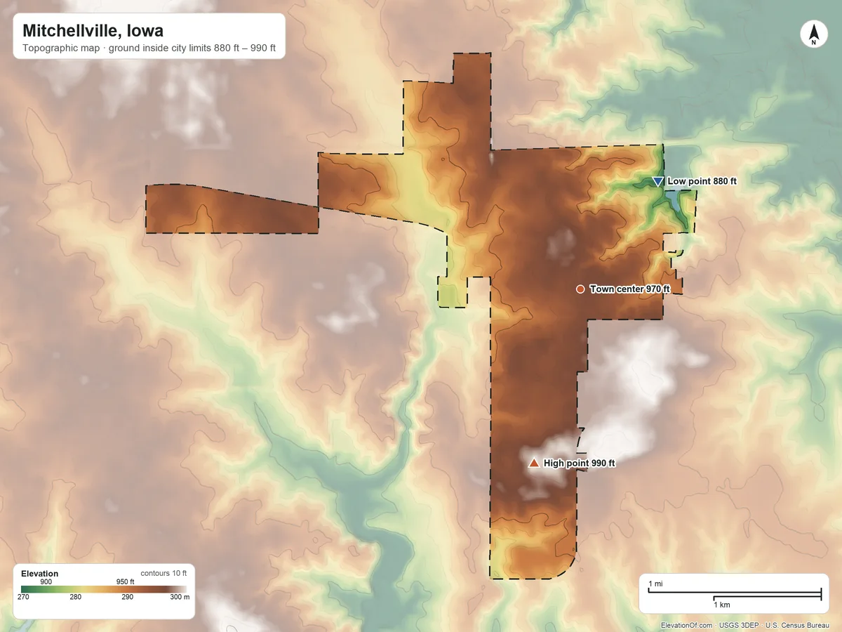 Topographic elevation map of Mitchellville, Iowa, shaded from 880 ft on the northeast side to 990 ft on the south side