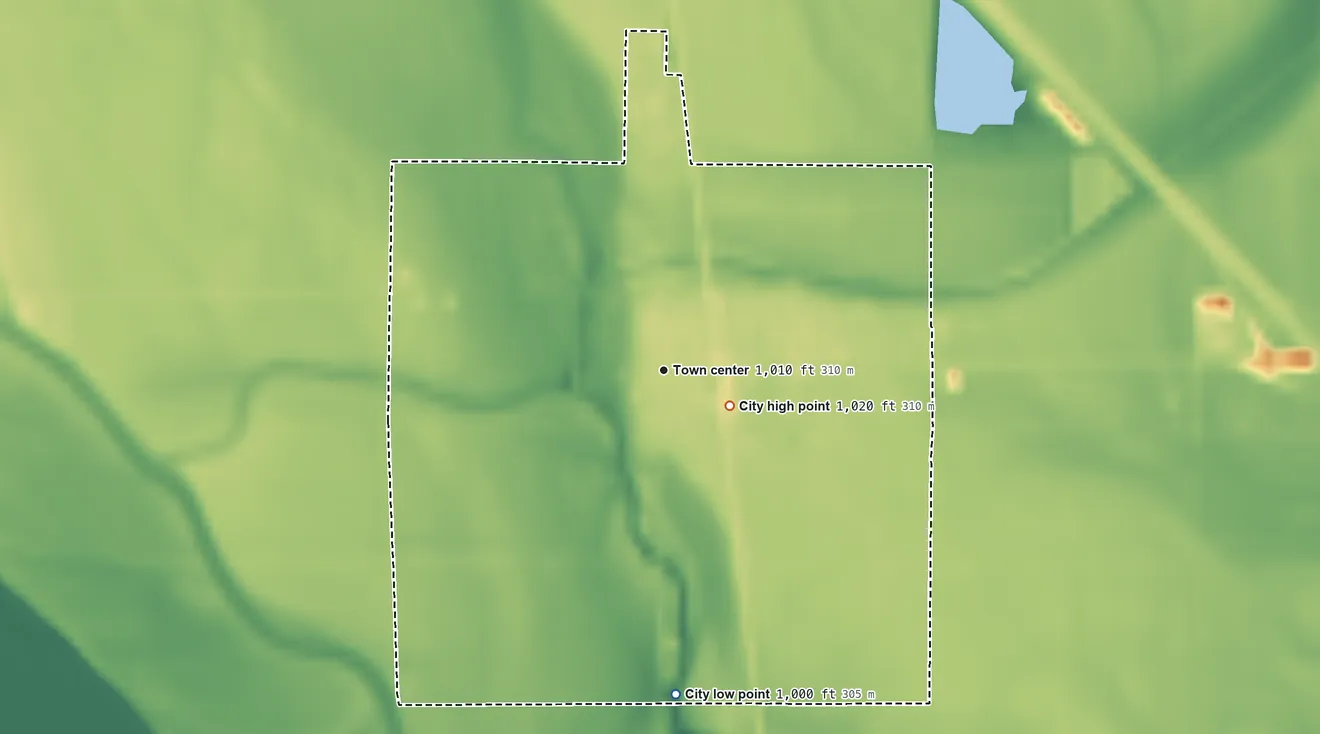 Topographic elevation map of Modale, Iowa, shaded from 1,000 ft on the south side to 1,020 ft near the middle