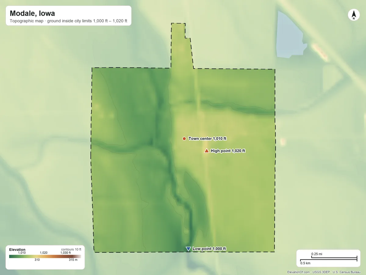 Topographic elevation map of Modale, Iowa, shaded from 1,000 ft on the south side to 1,020 ft near the middle
