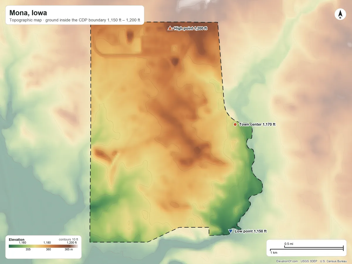 Topographic elevation map of Mona, Iowa, shaded from 1,150 ft on the south side to 1,200 ft on the northwest side