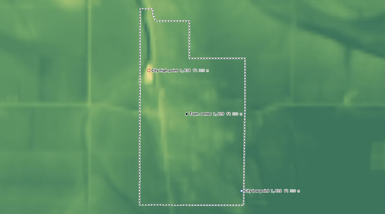 Topographic elevation map of Mondamin, Iowa, shaded from 1,020 ft on the southeast side to 1,030 ft on the northwest side