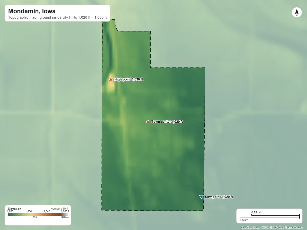 Topographic elevation map of Mondamin, Iowa, shaded from 1,020 ft on the southeast side to 1,030 ft on the northwest side