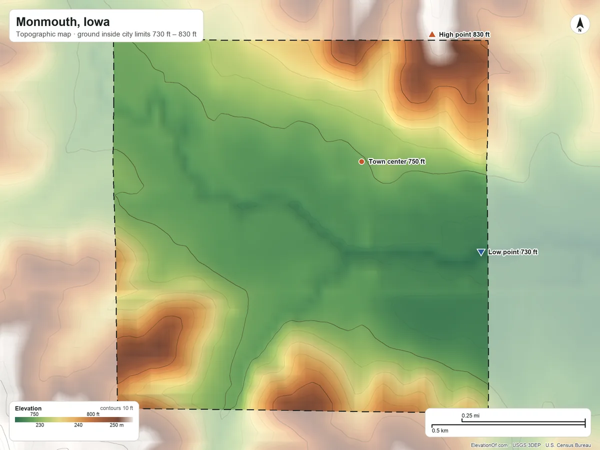 Topographic elevation map of Monmouth, Iowa, shaded from 730 ft on the southeast side to 830 ft on the northeast side