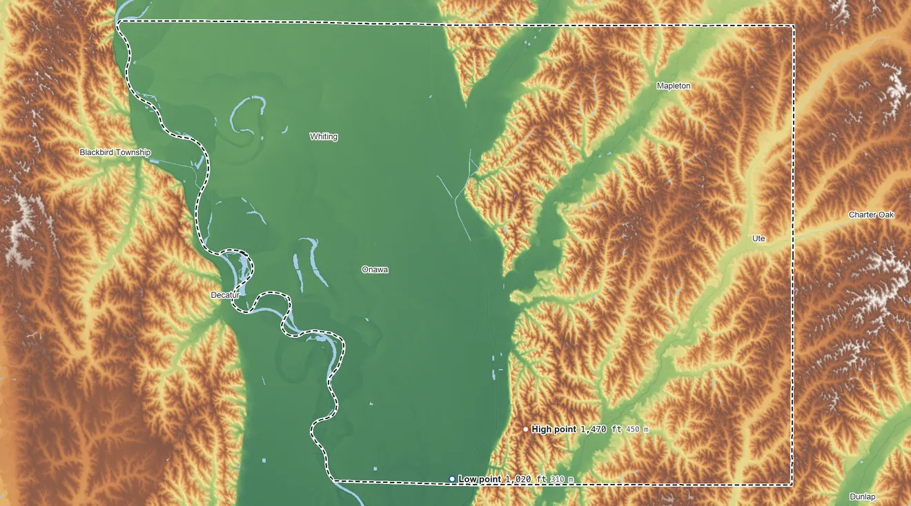 Topographic elevation map of Monona County, Iowa, shaded from 1,020 ft on the south side to 1,470 ft on the south side