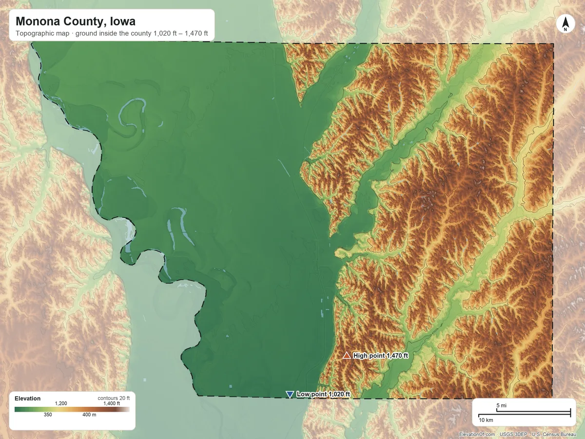 Topographic elevation map of Monona County, Iowa, shaded from 1,020 ft on the south side to 1,470 ft on the south side