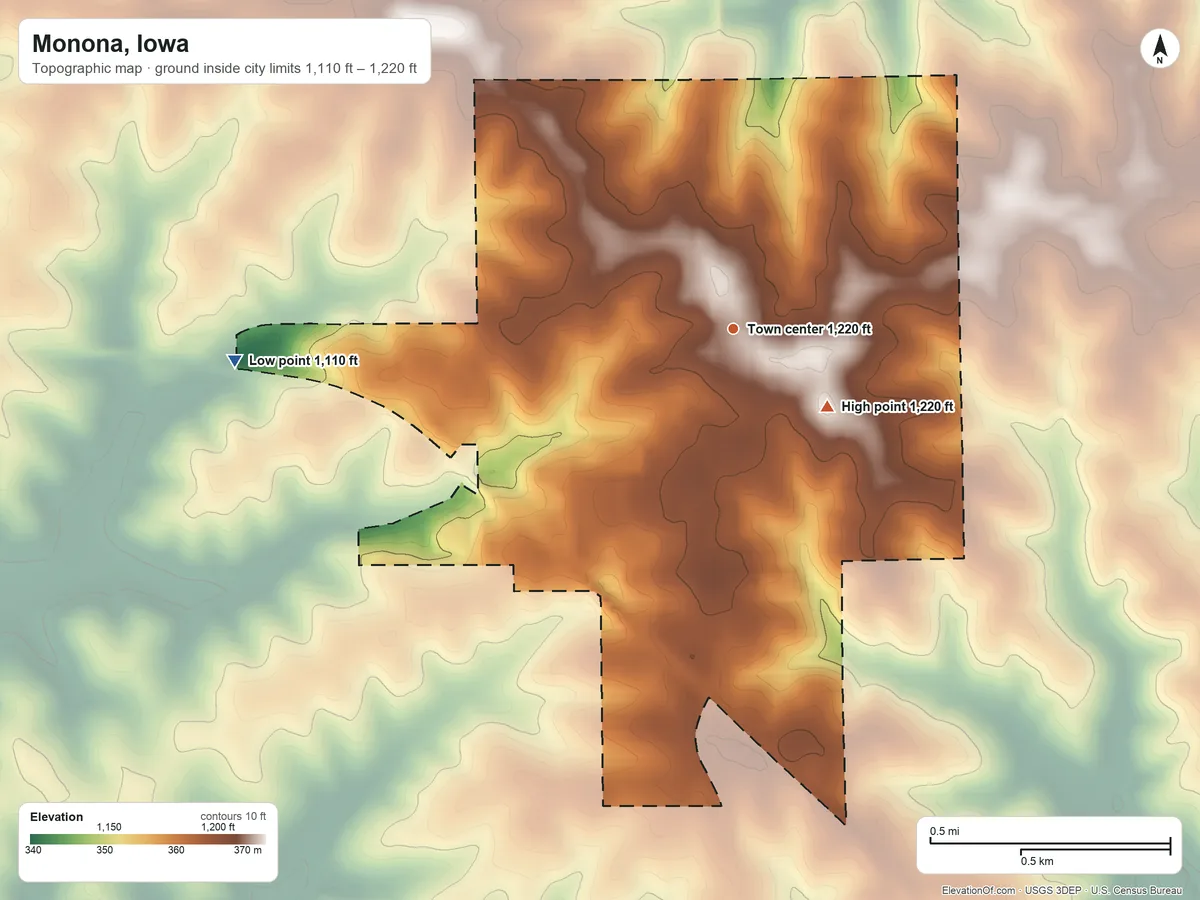 Topographic elevation map of Monona, Iowa, shaded from 1,110 ft on the west side to 1,220 ft on the southeast side
