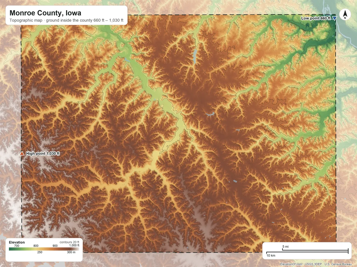 Topographic elevation map of Monroe County, Iowa, shaded from 660 ft on the northeast side to 1,030 ft on the west side