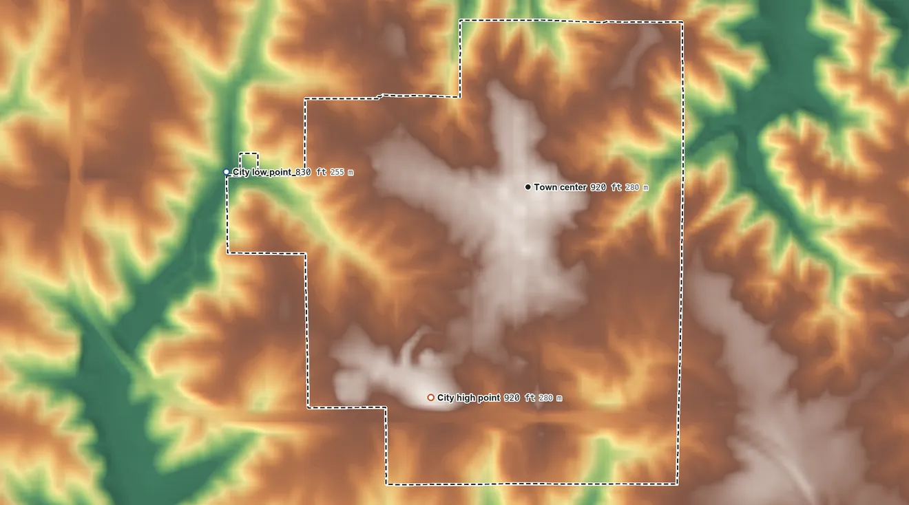 Topographic elevation map of Monroe, Iowa, shaded from 830 ft on the west side to 920 ft on the southwest side