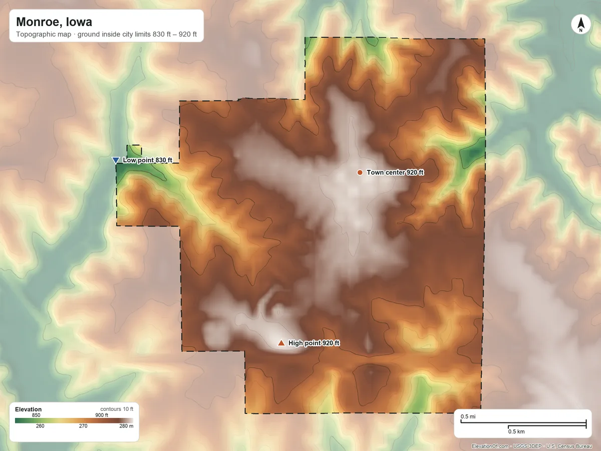 Topographic elevation map of Monroe, Iowa, shaded from 830 ft on the west side to 920 ft on the southwest side