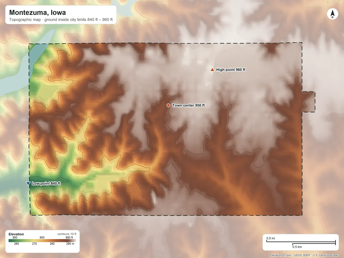 Topographic elevation map of Montezuma, Iowa, shaded from 840 ft on the southwest side to 960 ft on the northeast side