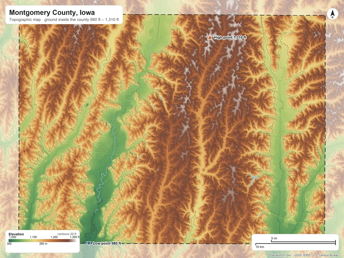 Topographic elevation map of Montgomery County, Iowa, shaded from 980 ft on the southwest side to 1,310 ft on the north side