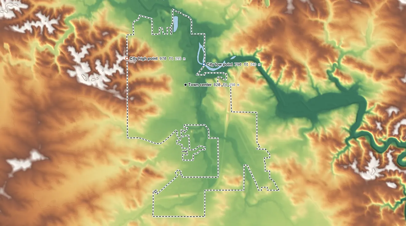Topographic elevation map of Monticello, Iowa, shaded from 790 ft on the northeast side to 970 ft on the northwest side