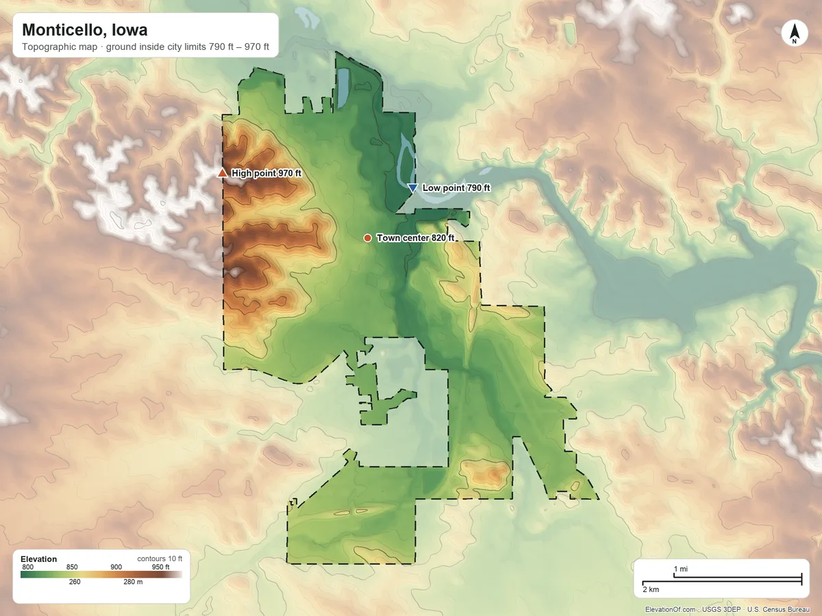 Topographic elevation map of Monticello, Iowa, shaded from 790 ft on the northeast side to 970 ft on the northwest side