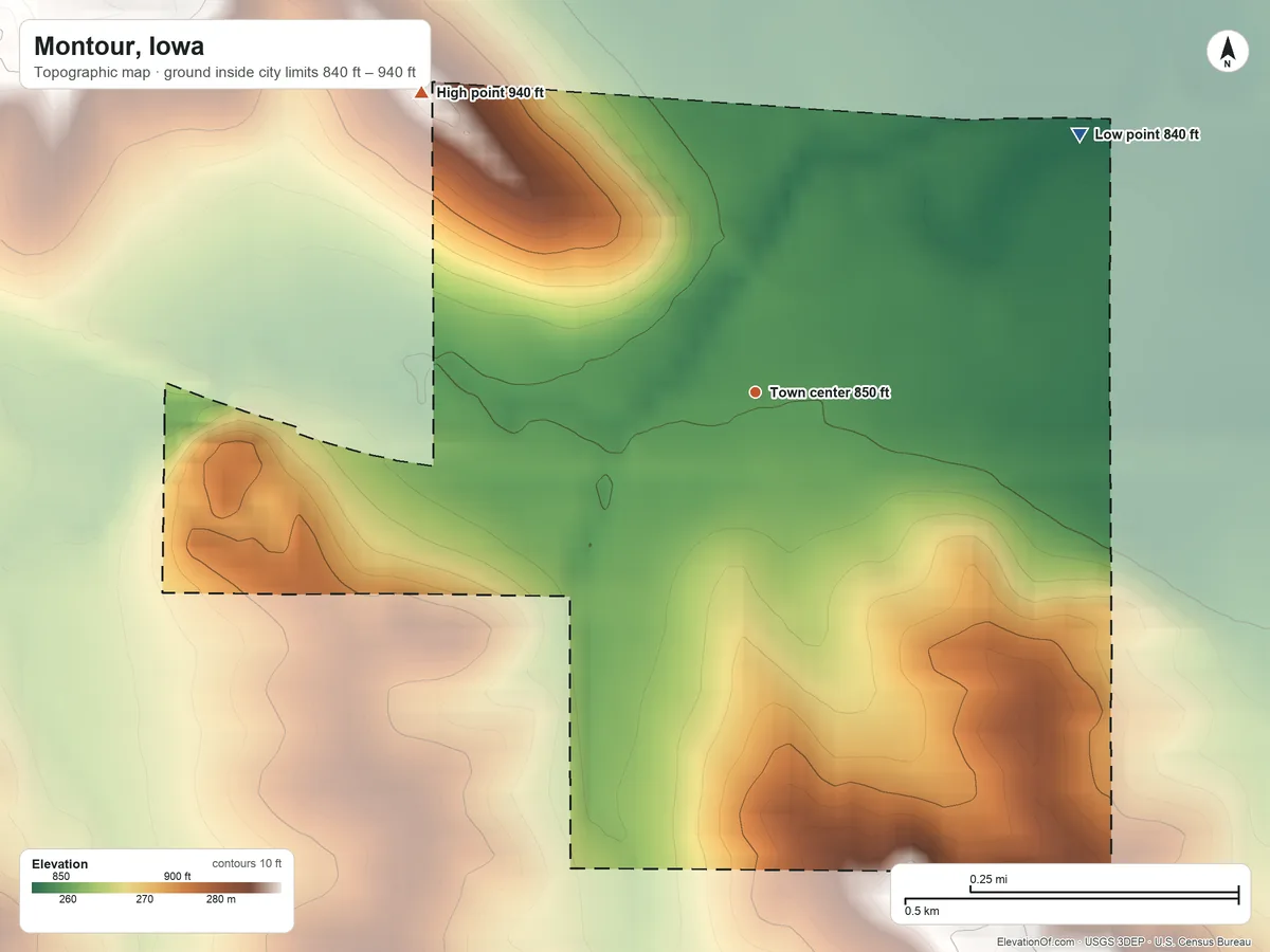 Topographic elevation map of Montour, Iowa, shaded from 840 ft on the northeast side to 940 ft on the northwest side
