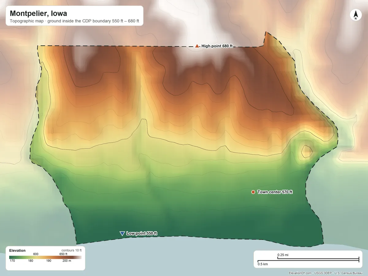 Topographic elevation map of Montpelier, Iowa, shaded from 550 ft on the west side to 680 ft on the north side