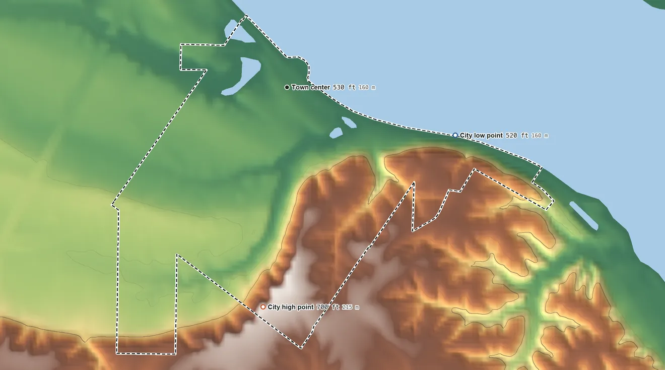 Topographic elevation map of Montrose, Iowa, shaded from 520 ft on the east side to 700 ft on the south side