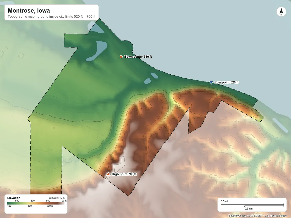 Topographic elevation map of Montrose, Iowa, shaded from 520 ft on the east side to 700 ft on the south side