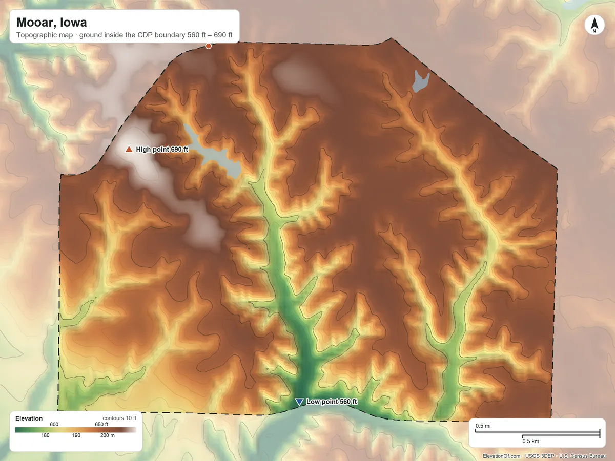 Topographic elevation map of Mooar, Iowa, shaded from 560 ft on the south side to 690 ft on the southwest side