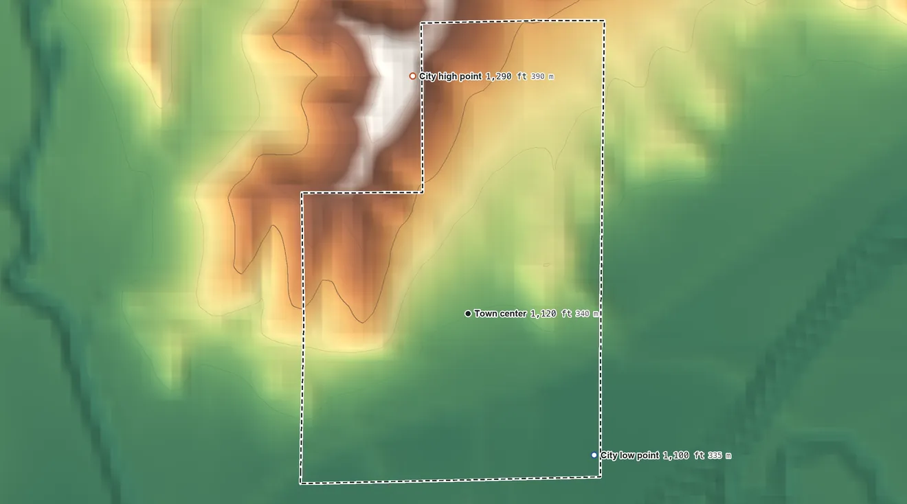 Topographic elevation map of Moorhead, Iowa, shaded from 1,100 ft on the southeast side to 1,290 ft on the north side
