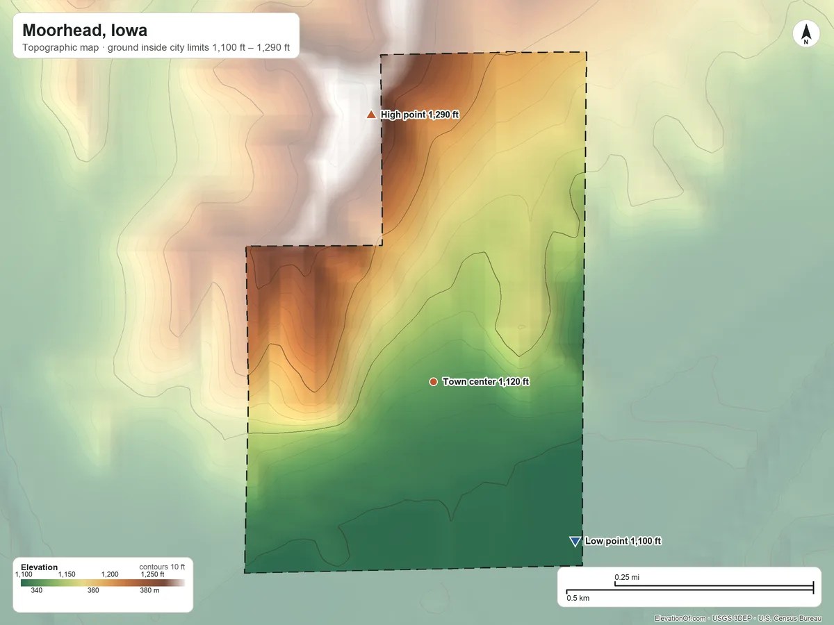 Topographic elevation map of Moorhead, Iowa, shaded from 1,100 ft on the southeast side to 1,290 ft on the north side