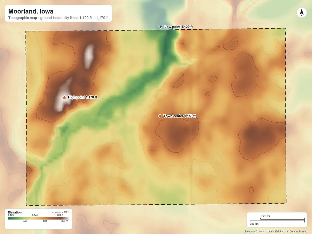 Topographic elevation map of Moorland, Iowa, shaded from 1,120 ft on the north side to 1,170 ft on the west side
