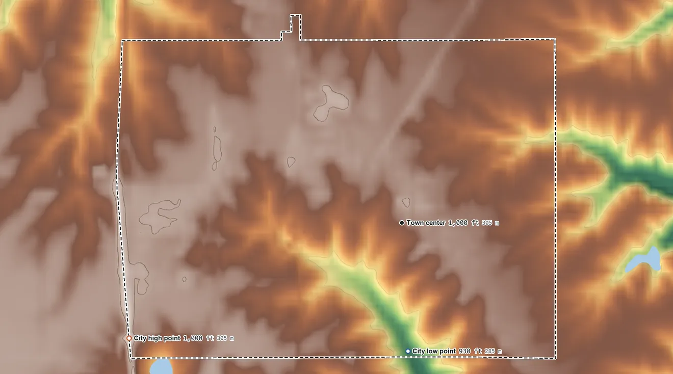 Topographic elevation map of Moravia, Iowa, shaded from 930 ft on the south side to 1,000 ft on the southwest side