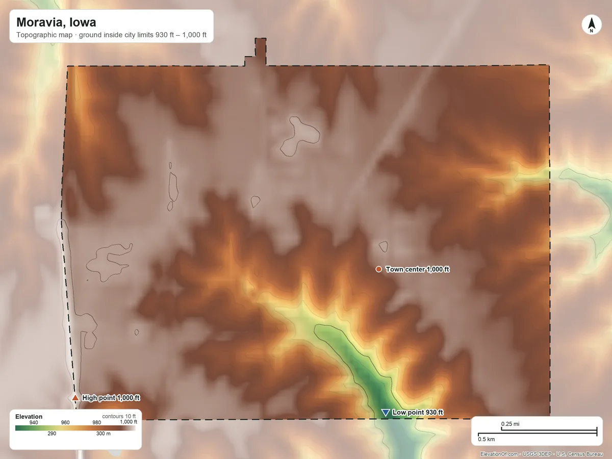 Topographic elevation map of Moravia, Iowa, shaded from 930 ft on the south side to 1,000 ft on the southwest side