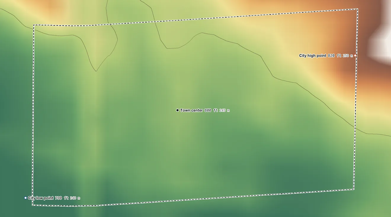Topographic elevation map of Morley, Iowa, shaded from 790 ft on the southwest side to 820 ft on the east side