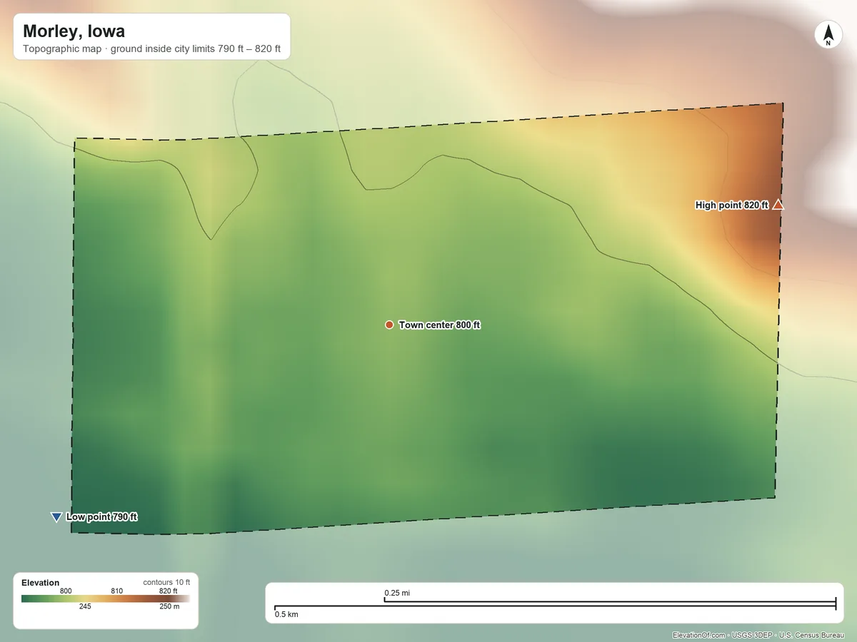 Topographic elevation map of Morley, Iowa, shaded from 790 ft on the southwest side to 820 ft on the east side