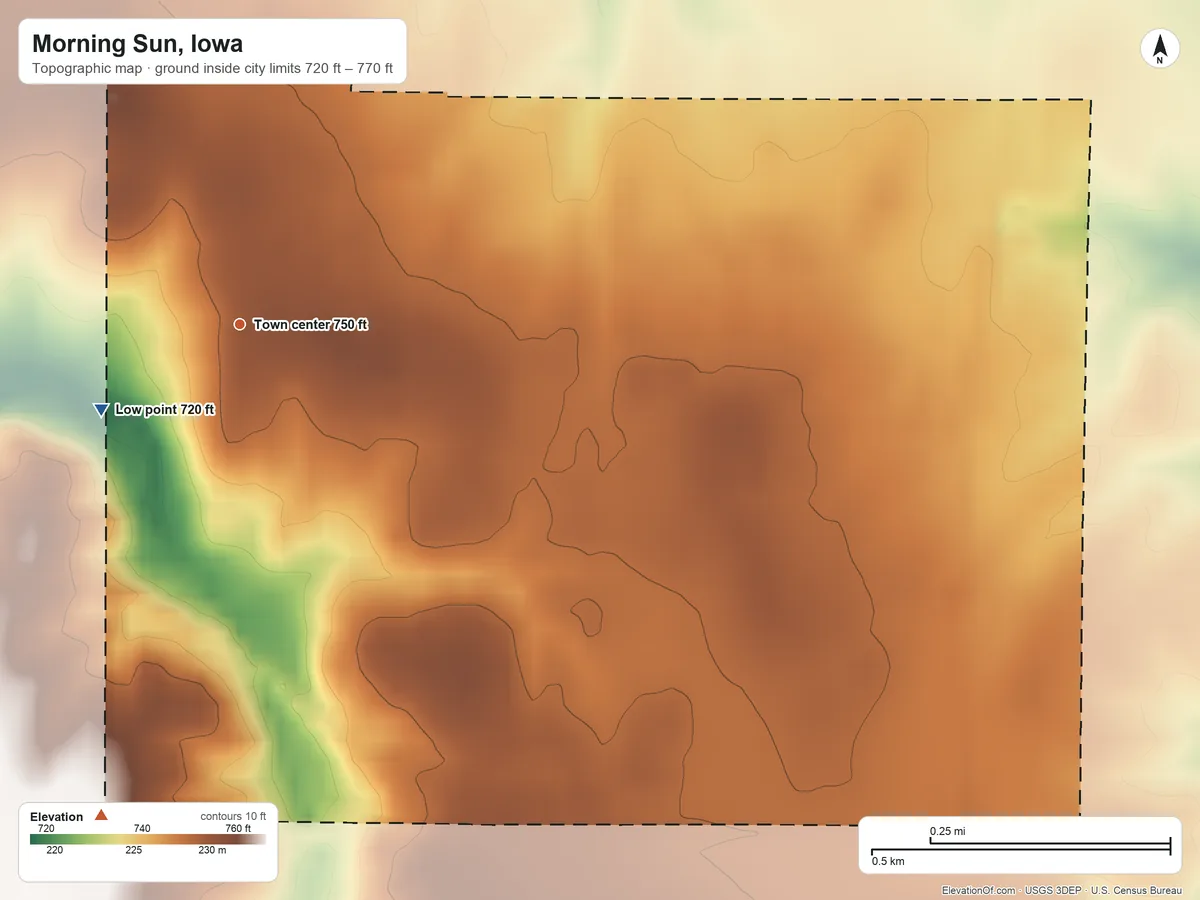 Topographic elevation map of Morning Sun, Iowa, shaded from 720 ft on the southwest side to 770 ft on the south side