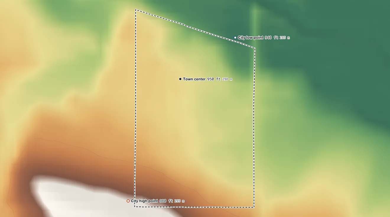 Topographic elevation map of Morrison, Iowa, shaded from 940 ft on the northeast side to 980 ft on the southwest side