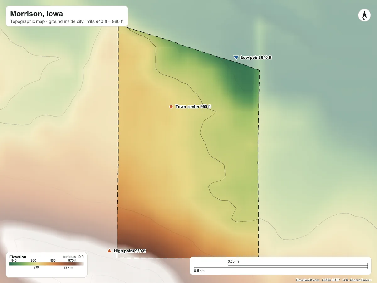 Topographic elevation map of Morrison, Iowa, shaded from 940 ft on the northeast side to 980 ft on the southwest side
