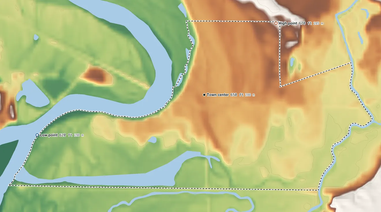 Topographic elevation map of Moscow, Iowa, shaded from 620 ft on the west side to 670 ft on the northeast side