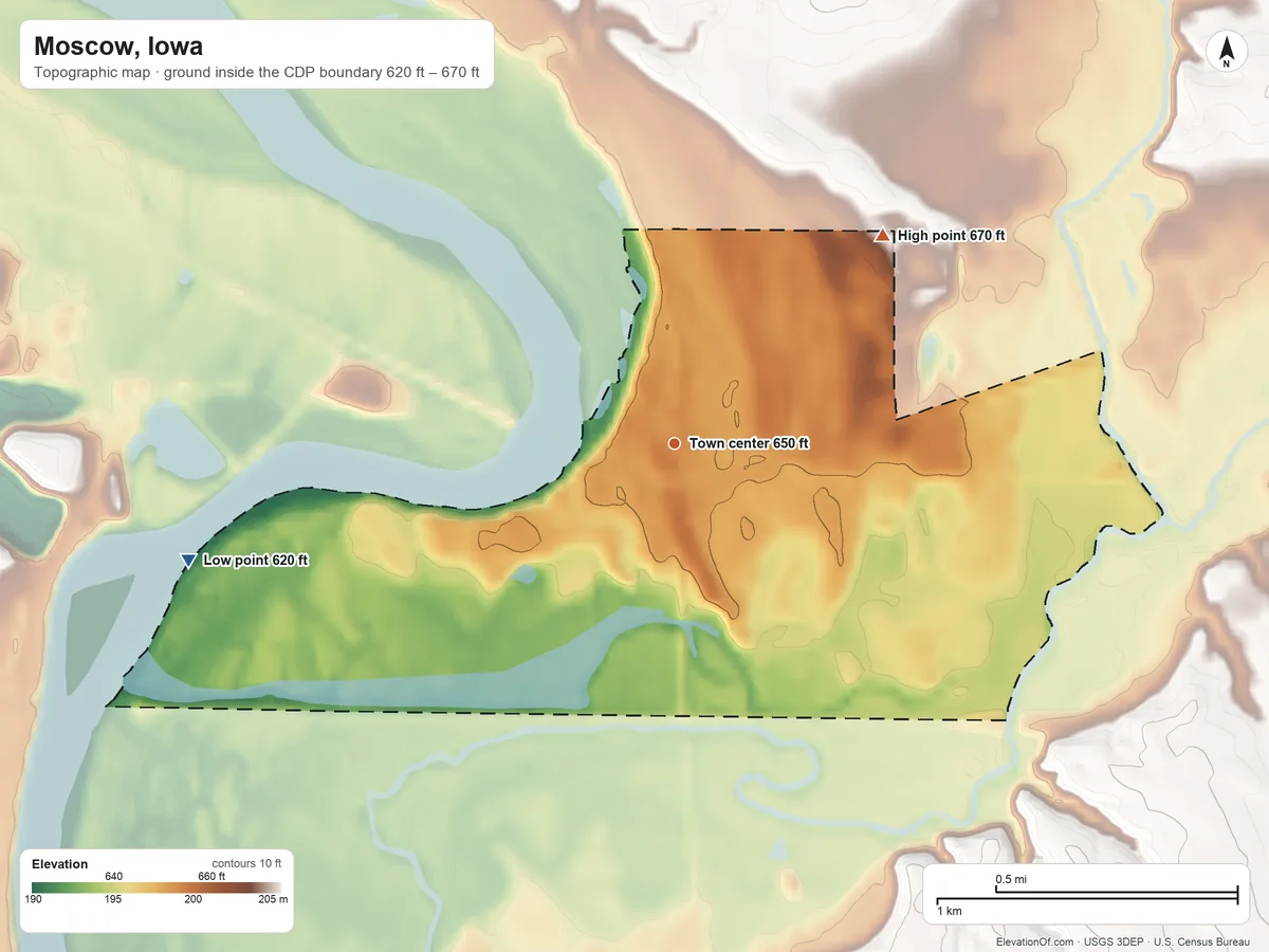 Topographic elevation map of Moscow, Iowa, shaded from 620 ft on the west side to 670 ft on the northeast side