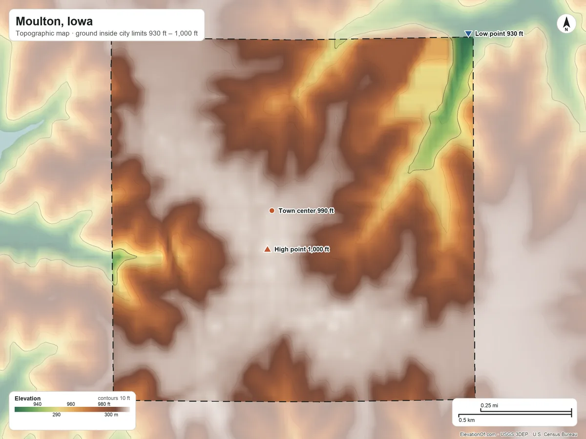 Topographic elevation map of Moulton, Iowa, shaded from 930 ft on the northeast side to 1,000 ft near the middle