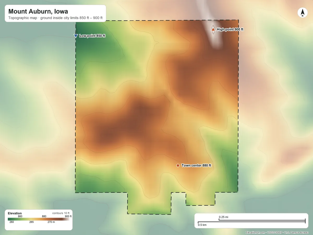 Topographic elevation map of Mount Auburn, Iowa, shaded from 850 ft on the northwest side to 900 ft on the north side