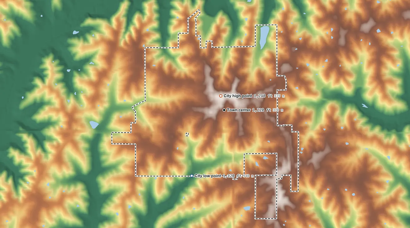 Topographic elevation map of Mount Ayr, Iowa, shaded from 1,120 ft on the southwest side to 1,240 ft near the middle