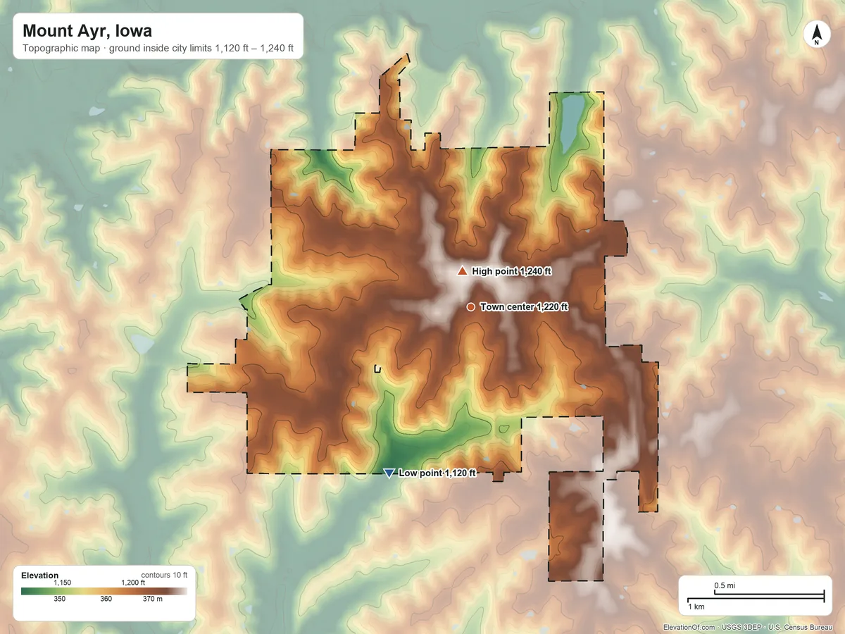 Topographic elevation map of Mount Ayr, Iowa, shaded from 1,120 ft on the southwest side to 1,240 ft near the middle