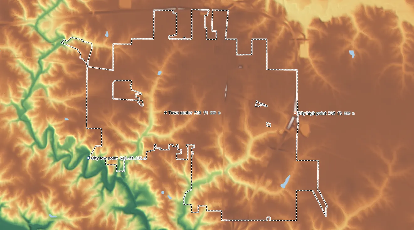 Topographic elevation map of Mount Pleasant, Iowa, shaded from 610 ft on the southwest side to 760 ft on the east side