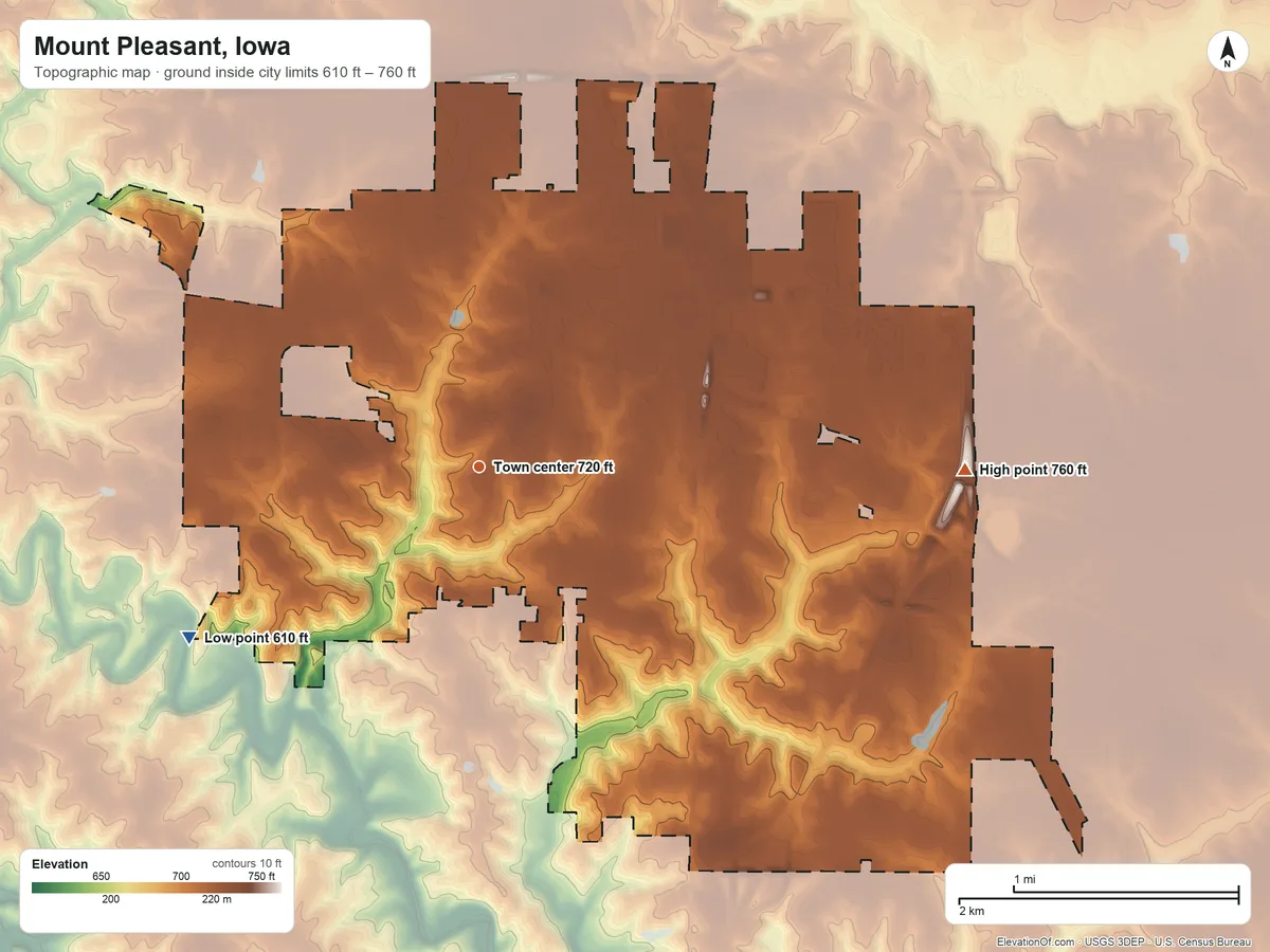 Topographic elevation map of Mount Pleasant, Iowa, shaded from 610 ft on the southwest side to 760 ft on the east side