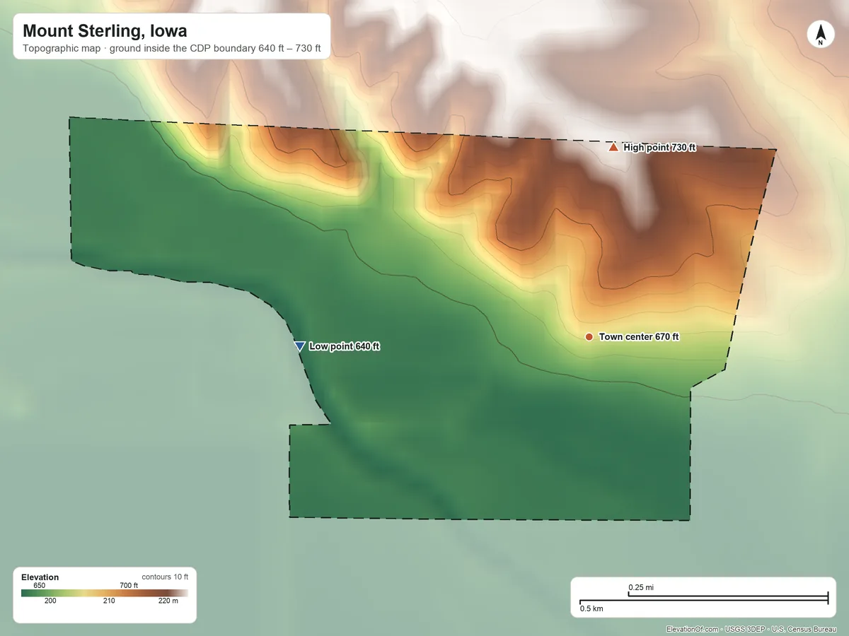 Topographic elevation map of Mount Sterling, Iowa, shaded from 640 ft on the west side to 730 ft on the north side
