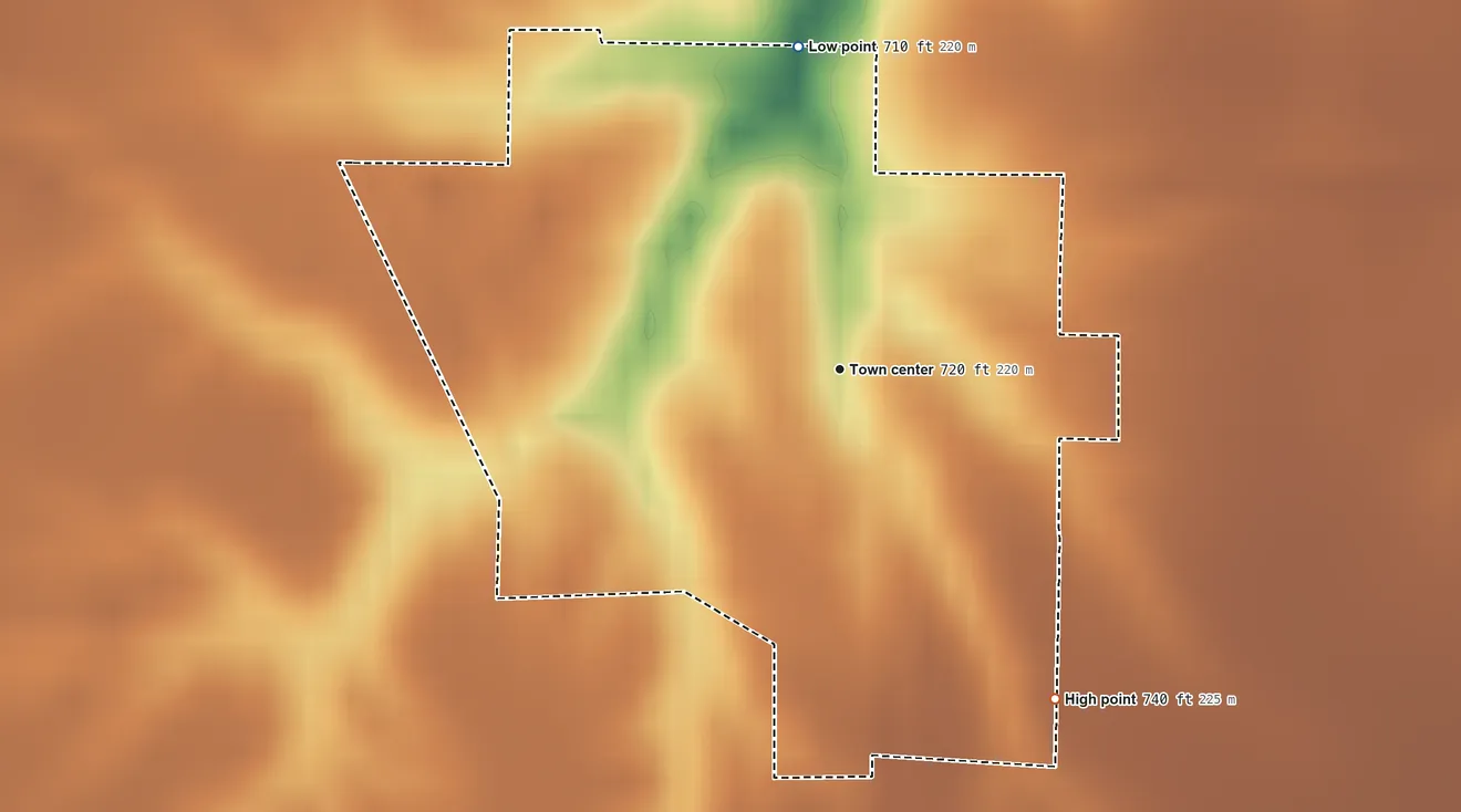 Topographic elevation map of Mount Union, Iowa, shaded from 710 ft on the north side to 740 ft on the southeast side