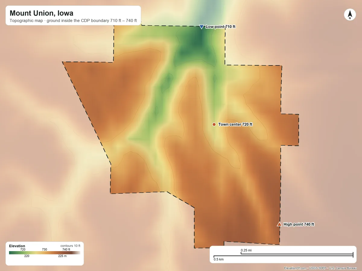 Topographic elevation map of Mount Union, Iowa, shaded from 710 ft on the north side to 740 ft on the southeast side