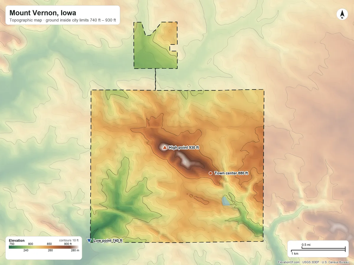Topographic elevation map of Mount Vernon, Iowa, shaded from 740 ft on the southwest side to 930 ft on the northwest side