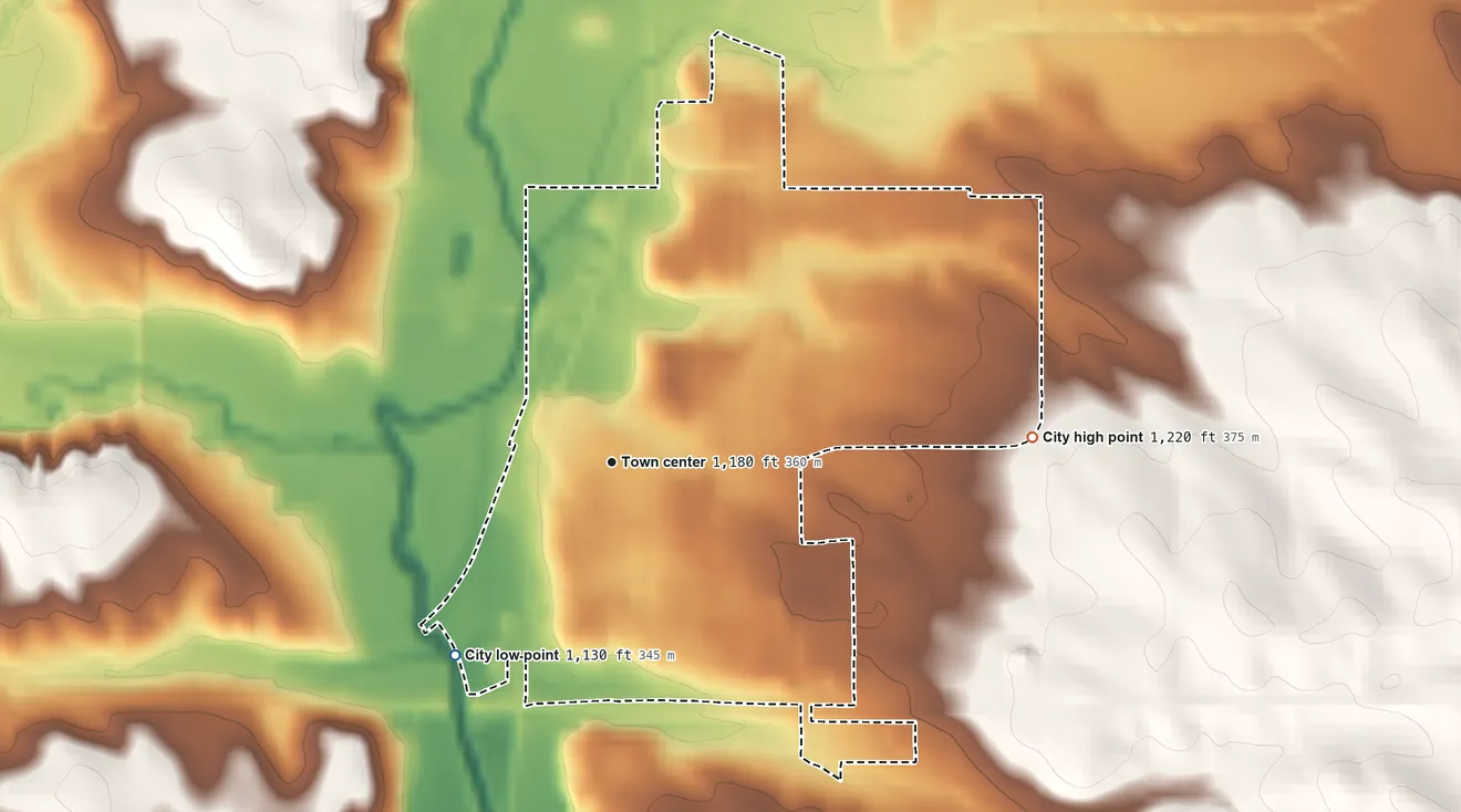 Topographic elevation map of Moville, Iowa, shaded from 1,130 ft on the southwest side to 1,220 ft on the east side