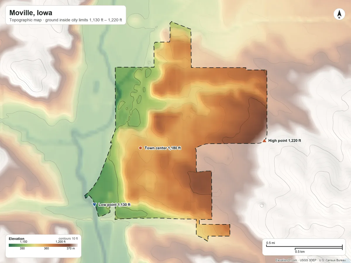 Topographic elevation map of Moville, Iowa, shaded from 1,130 ft on the southwest side to 1,220 ft on the east side